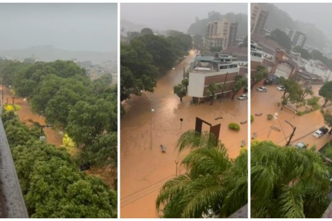 Chuva repentina em Cataguases eleva nível de rio para quase 6 metros e inunda ruas